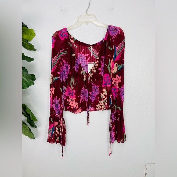NWT Free People Of Paradise Floral Bell Sleeve Sheer Blouse - Picture 2 of 7